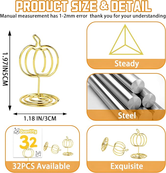 Picture Holders for Tables,32Pcs Pumpkin Photo Stands,Table Number Holders,Place Card Holders,Buffet Labels for Food,Wire Cards Stand Name Menu Clips,Photo Holders for Centerpieces,Halloween Party