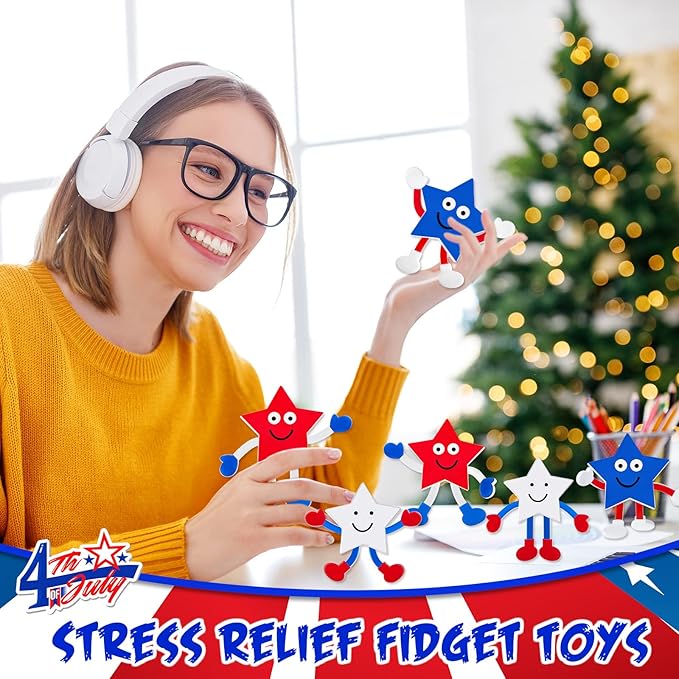 Leitee 24 Pcs Patriotic Bendable Toys Posable 4th of July Parade Independence Day Party Favor Star Character Figures Stress Relief Fidget Toy Gift for Bag Stuffer, 3 Styles