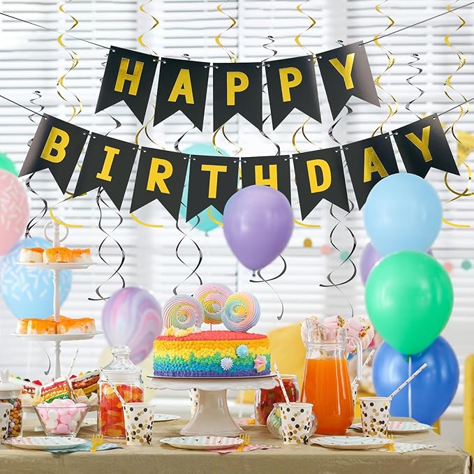 Black Happy Birthday Banner, Birth Decorations with Metallic Hanging Swirl, Sign for Backdrop Party Decor, Bunting Banner for Men Women, Supplies for Boys Girls