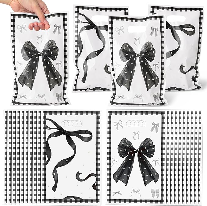 Black Bow Party Favor Bags - 50Pcs Black Bow Knot Goody Candy Treat Gifts Bags, Trendy Preppy Girls Theme Party Decorations for Women Girls Birthday Wedding Bridal Shower Bachelorette