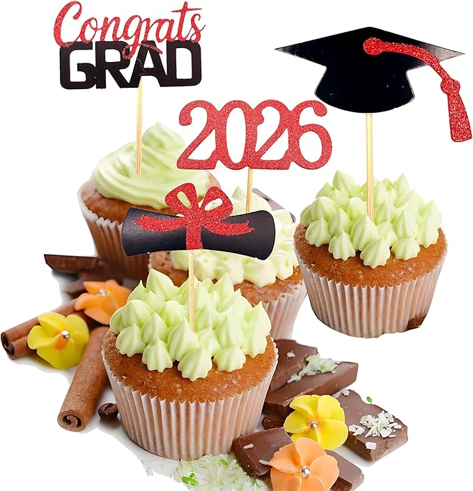 2026 Graduation Cupcake Toppers, 48 PCS Food/Appetizer Picks For Graduation Party Mini Cake Decorations, Diploma, 2026, Grad Cap Set 48 Pieces (03 Red)