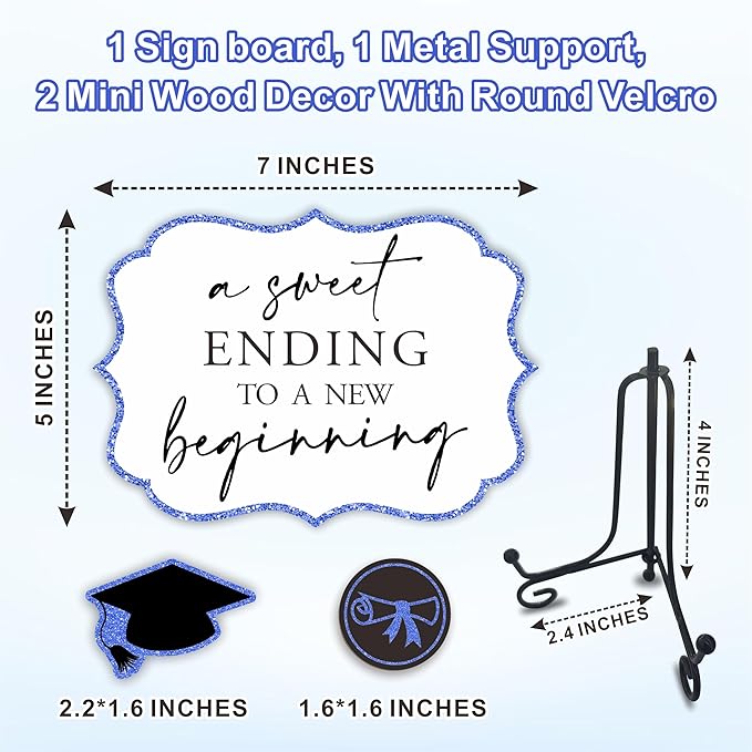 5"X7" Blue Grad Party Wooden Table Sign - A Sweet Ending To A New Beginning - Buffet Sign, Treat Sign With Metal Support & 2 DIY Wood Decor With Velcro, Grad Party Decorations & Supplies - B08