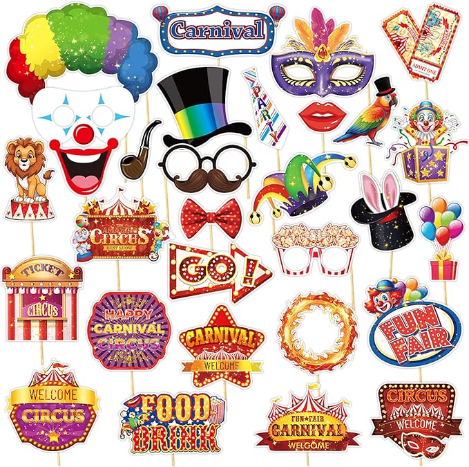30 Pieces Carnival Photo Booth Props Funny Circus Carnival Photobooth Props Carnival Theme Party Decorations for Birthday Christmas New Year School Party