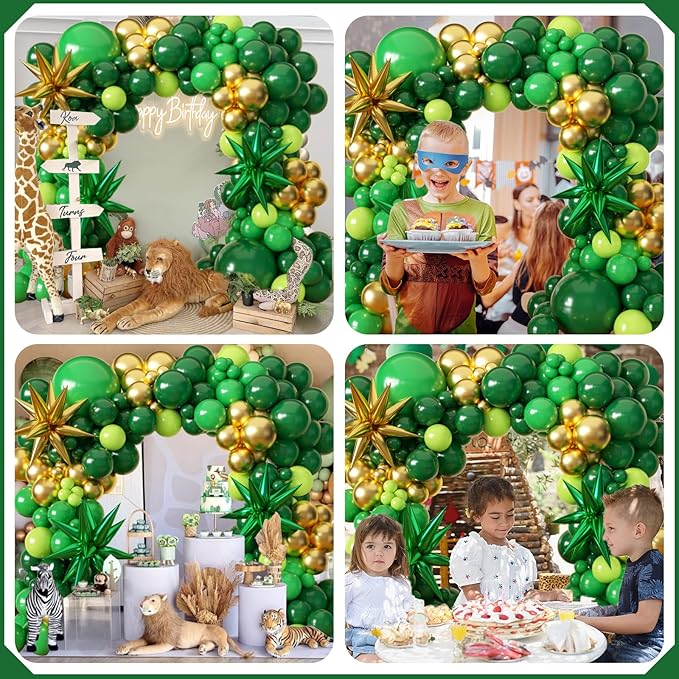 Green and Gold Balloon Garland Arch Kit with Stars, Different Sizes Emerald Dark Pastel Green Gold Balloons for Birthday Party 2026 Graduation Decorations Jungle Green Party Decorations