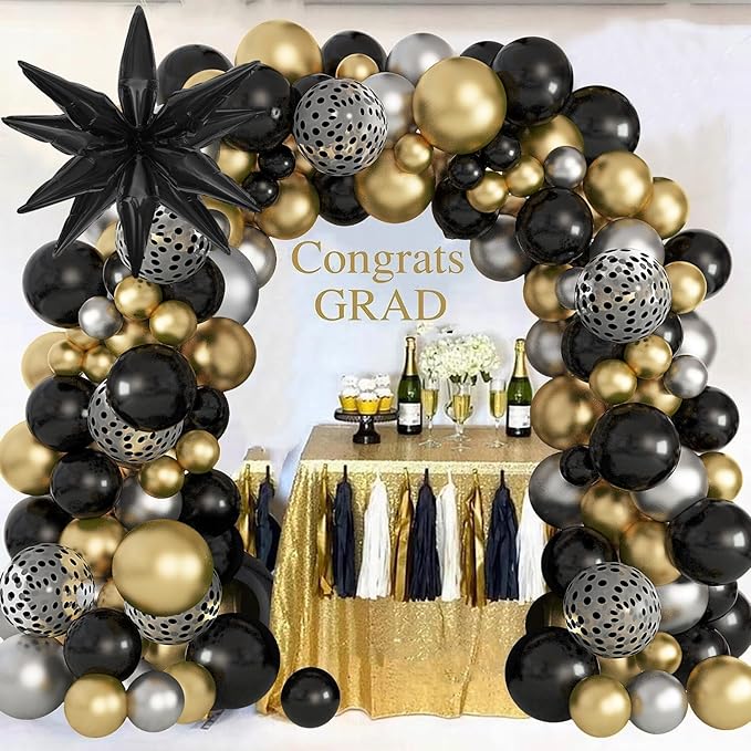 Amandir 145PCS Black and Gold Balloons Garland Arch Kit, 18''12''5'' Silver Metallic Black Gold Foil Balloons for 2026 New Year Men Wedding Anniversary Birthday Graduation Retirement Decorations