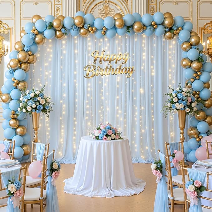 Baby Blue Backdrop Curtains for Baby Shower Decorations 10×8FT Tulle Backdrop Curtain with Lights for Boy Parties Elephant Birthday Party Photo Shoot Backdrop Background Decorations (2 Panels 4×10ft)
