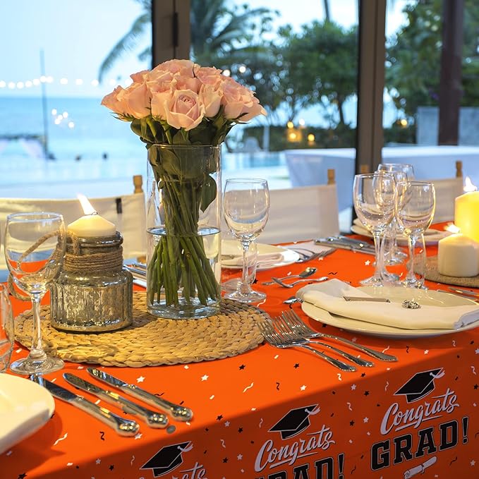 Gatherfun Graduation Party Decorations, Gongrats Grad Tablecover for Graduation Party Supplies, 3 pcs Orange Table Cloths, 54"x108"