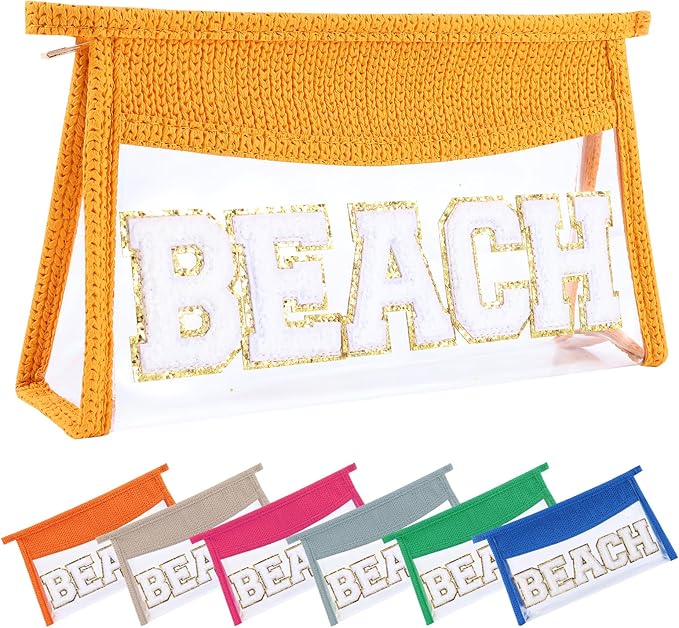 Beach Pouch Sunscreen Clear Makeup Bag Chenille Letter Beach Cosmetic Pouch Summer Essential Cute Toiletry Pouch Travel Accessories Gifts for Women