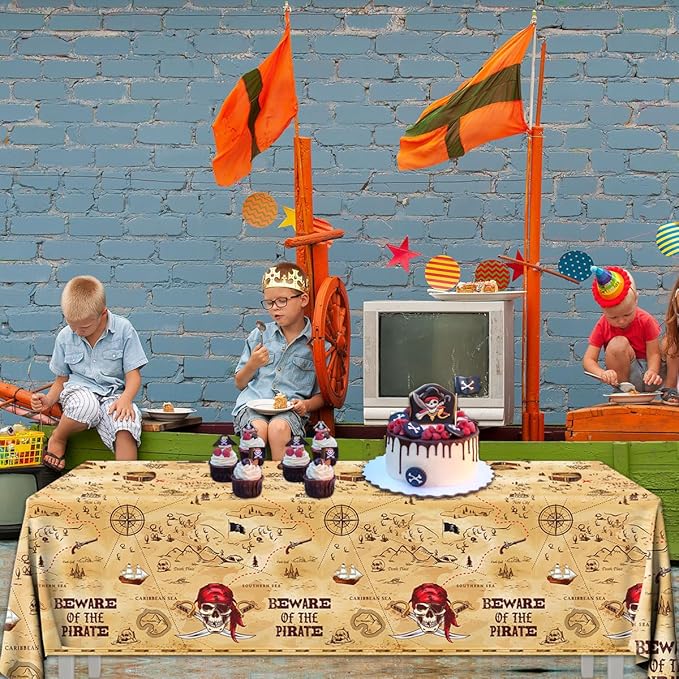 HAKOTI 3Pcs Pirate Tablecloth - Treasure Map Table Cover for Birthday Party Decoration, Navigation and Adventure Supplies - Disposable Beware of the Pirate Theme