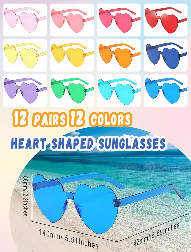 12/26/36 Pairs Rimless Heart Shaped Sunglasses Transparent Glasses Bulk Fun Sunglasses for Party Favors