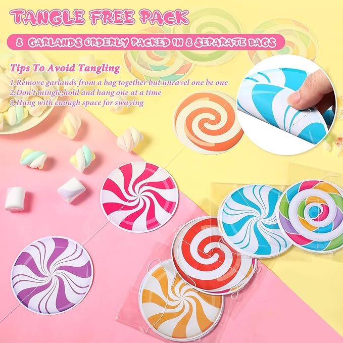 Capoda 8 Pieces Candy Party Decorations Candyland Paper Garlands Candy Paper Cutouts Lollipop Garland Banner Sweet Hanging Decor for Birthday Theme Party Supplies