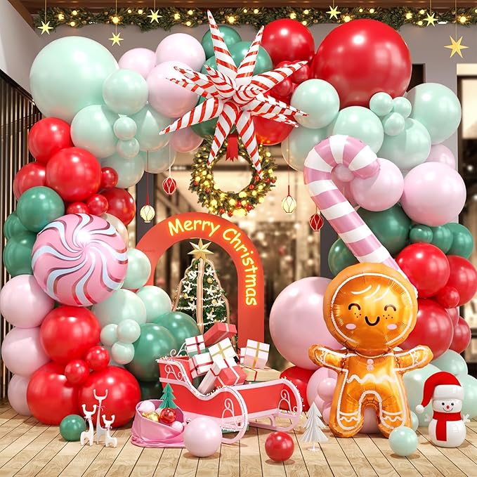 Christmas Balloon Arch Garland Kit,120PCS Christma Pastel Pink Green Balloons, Candy Crutch Gingerbread Foil Ballons for MerryChristmas Party Decorations Party Supply Birthday,Baby Shower