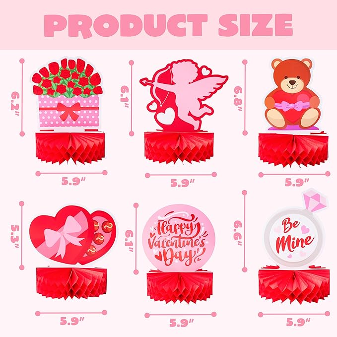 JOYIN 12 Pcs Valentine's Day Honeycomb Centerpieces, Table Decorations with Red Pink Heart Bear , Centerpieces Decor for Kids Birthday Valentine's Day Party Supplies
