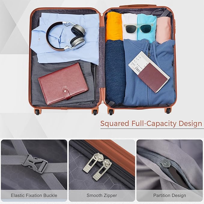 Merax 4 Piece Set ABS Hardside Suitcase Set Lightweight, Tough Scratch Resistant, Black Brown Stripe, 4-Piece Set