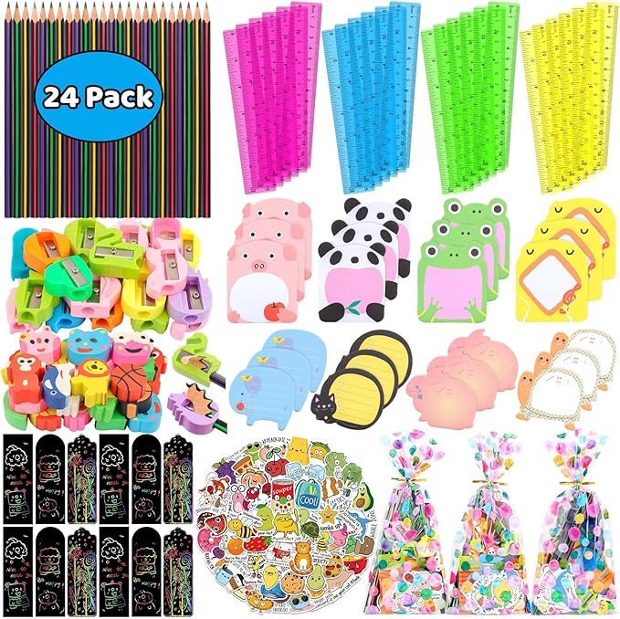 Stationery Party Favors, 24 Pack Birthday Goodie Bags for Kids with Pencils Rulers Sticky Notes Return Gifts Easter Stuffers Classroom Gifts Student Class