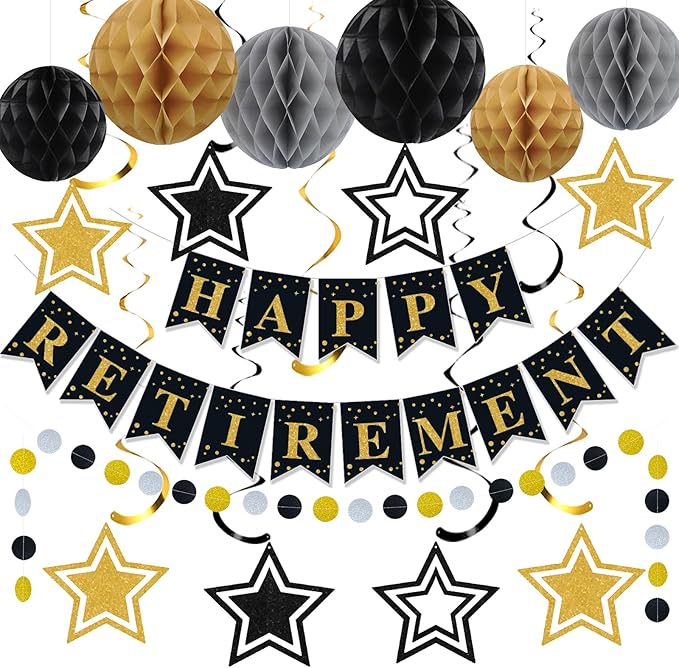 Happy Retirement Party Decorations for Men Women Black Gold Happy Retirement Banner Honeycomb Balls Pentagram Hanging Swirl Streamers Circle Dots Garland