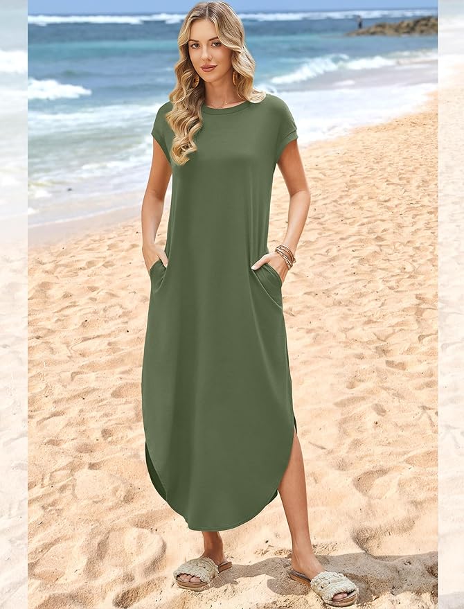 WIHOLL Summer Dresses Cap Sleeve Crewneck Maxi Long Casual Dress with Pockets Beach Vacation Sundresses 2026 Trendy