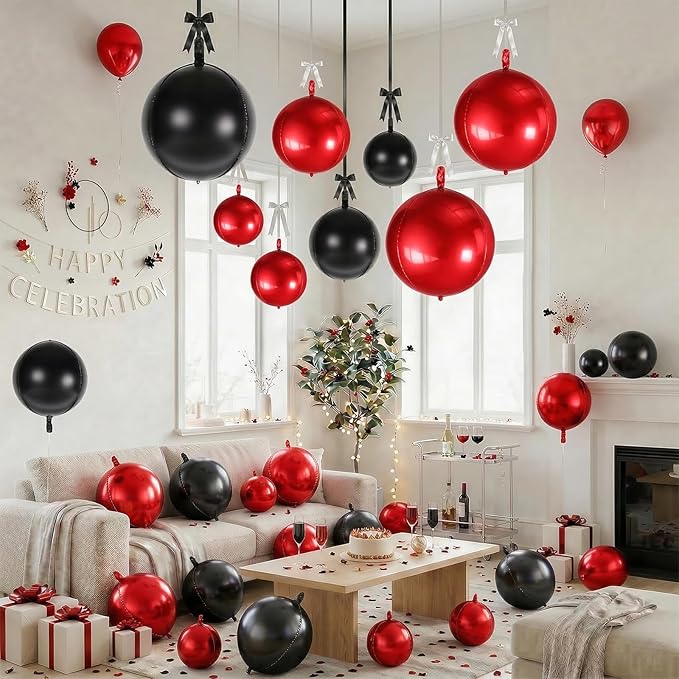 Togvu Black Red Round Foil Balloons, 16PCS Different Sizes 4D Metallic Balloon Large Sphere Mirror Ball Balloons for Prom Graduation New Year Halloween Birthday Party Ceiling Decorations Supplies