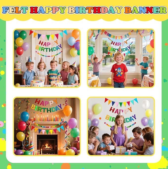 Happy Birthday Banner Decorations - Pre-Strung 3D Felt HAPPY BIRTHDAY Sign for Party Decor | Rainbow Reusable Happy Birthday Garland, Ball, Pennant Flag (1-Rainbow)