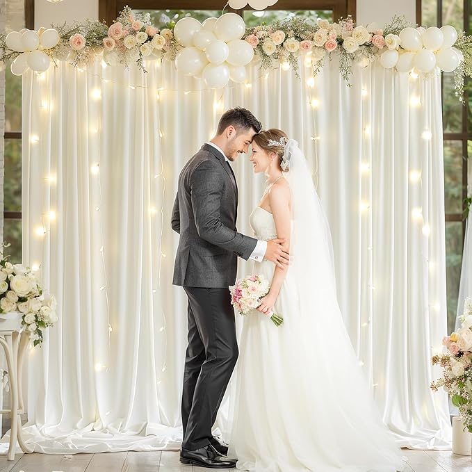 Cream White Backdrop Curtains with Lights for Wedding Parties,10x10FT Wrinkle Free Photo Backdrop Curtains Fabric Drapes for Baby Shower Ceremony Photography Photoshoot Decorations-5ft x 10ft 2 Panels