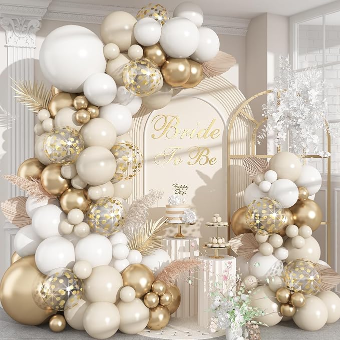 White Sand Gold Balloons Garland Arch Kit, 102 Packs White Nude Cream Balloons with Metallic Chrome Gold Confetti Latex Balloons for Boho Wedding Baby Bridal Shower Engagement Birthday Decorations