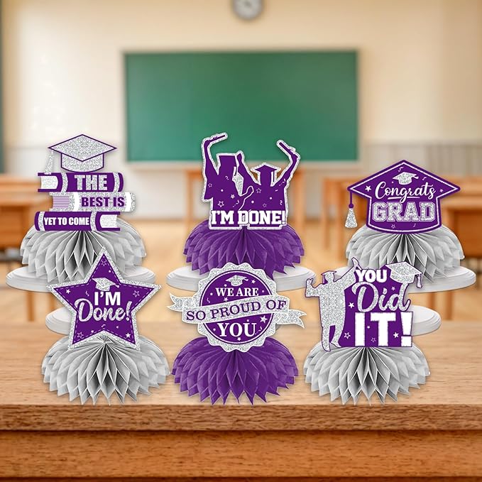 12pcs Graduation Table Decorations 2026, Purple Graduation Decorations 2026 Purple and Silver Graduation Centerpieces for Tables,Class of 2026 Centerpieces Honeycomb for Congrats Grad Table Decor