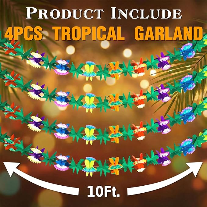FUTUREPLUSX 4PCS Tropical Garland Party Decorations, 10 FT Luau Paper Flower Banners Hawaiian Hibiscus Garlands for Mexican para Fiesta Party Decor Supplies