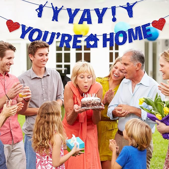 Tellpet Pre-Strung Yay! You’re Home Banner, NO DIY Glitter Welcome Home Decorations for Military Army Returning Homecoming Party, Blue