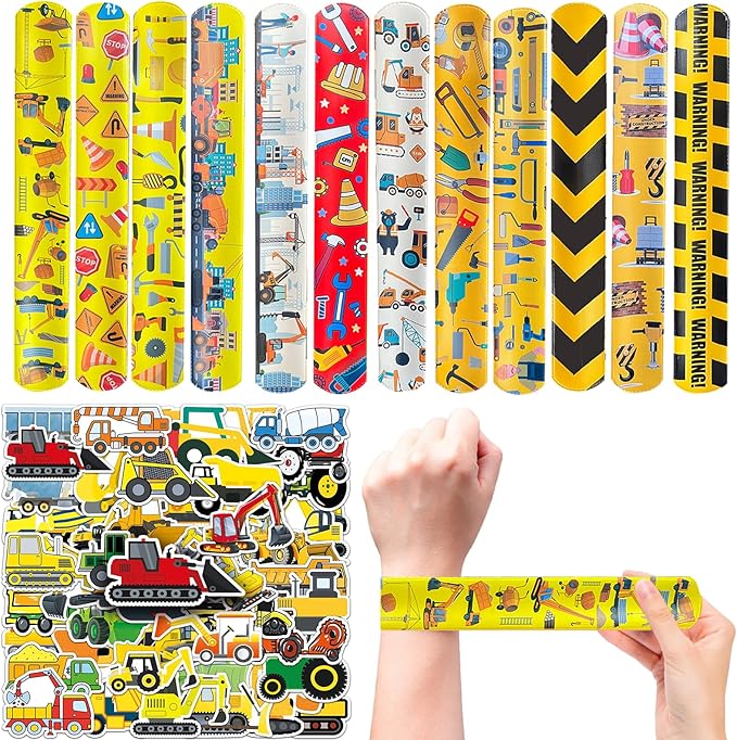 74Pcs Engineering Vehicle Theme Party Favors Contain 24 Pcs Engineering Vehicle Slap Bracelets 50Pcs Engineering Stickers, Birthday Party Decorations,Classroom Rewards Supplies.