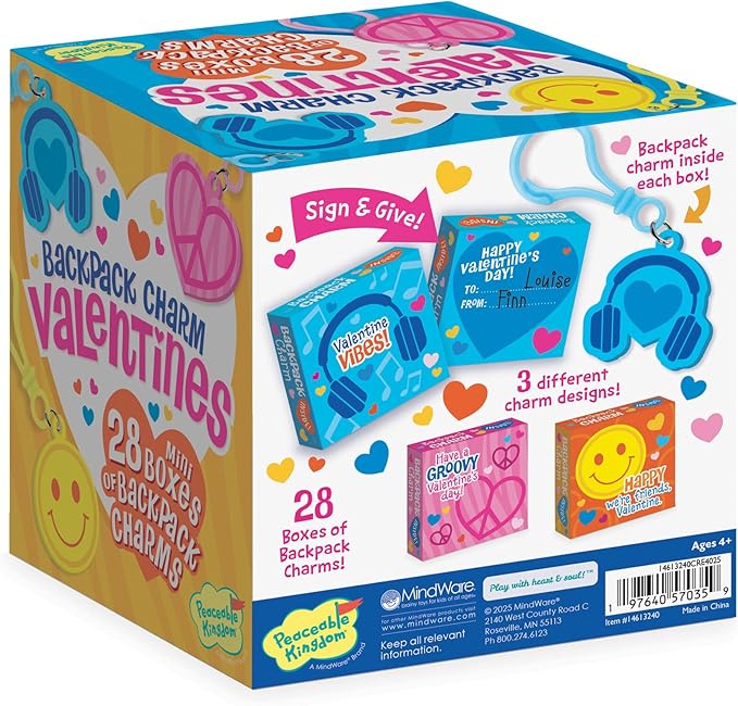 Peaceable Kingdom Valentines Box for Kids, Valentines Day Box Kit for Valentines Cards for Kids Classroom - Backpack Charm Valentines