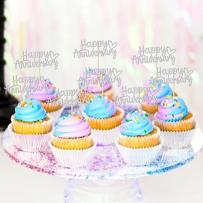 24 PCS Happy Anniversary Cupcake Toppers Glitter Wedding Anniversary Cupcake Picks Happy Anniversary Cupcake Decorations Baby Shower Birthday Wedding Anniversary Party Cake Decorations Supplies Silver