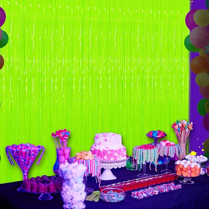 Glow in The Dark Tinsel Curtains 2 Pack - 3.3x6.6ft UV Reactive ‌Fluorescent Party Backdrop for Neon, Birthday, Pride Decorations, Pre-Taped, Lightweight Waterproof (Yellow)