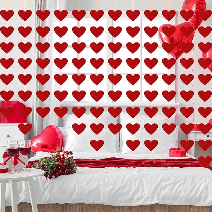 80PCS Felt Hearts, Valentines Day Decoration, Red Heart Garland, Pre-Strung Heart Banner Valentine's Day Banner Indoor Outdoor Hanging Party Decor for Wall Window Door Fireplace Office Home