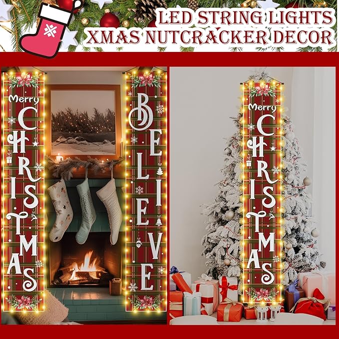 Mixweer 2 Pcs Lighted Christmas Hanging Banner Porch Sign Outdoor Decorations Merry Christmas Believe Yard Sign Red Green Buffalo Plaid Snowflake Porch Banner Xmas Holiday Door Garden Signs
