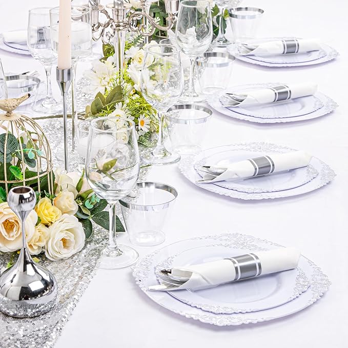Liacere 350PCS Silver Plastic Plates&Pre Rolled Napkins for 50 Guests - Plastic Dinnerware Sets 100Silver Disposable Plates, 150Silver Silverware, 50Cups and 50Napkins for Christmas