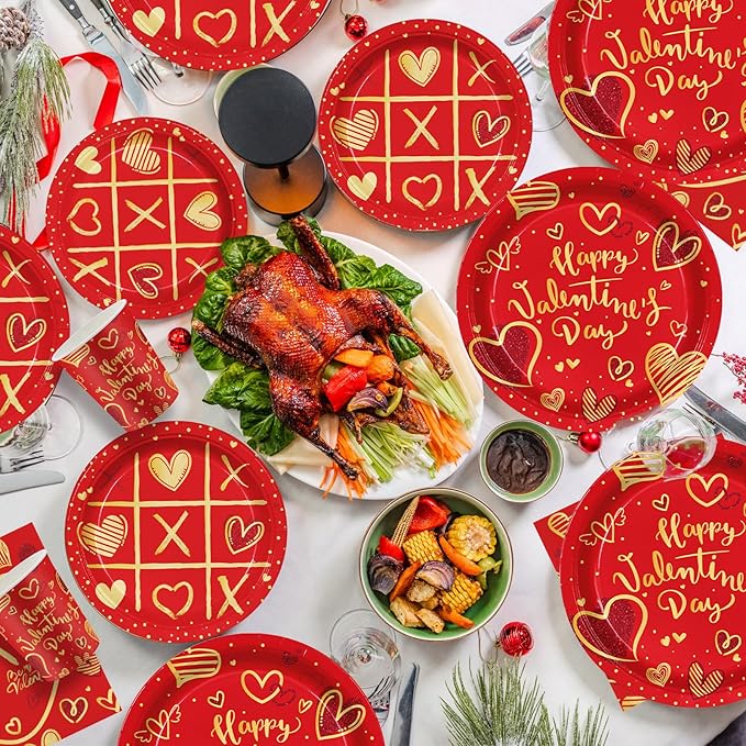140Pcs Valentine's Day Party Supplies Tableware Set Red Heart Love Valentine's Day Paper Plates and Napkins Anniversary Wedding Party Decorations Couple Dating Dinner Plates, Serve for 20 Guest