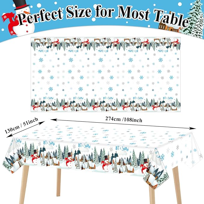 Tevxj 3 Pieces Winter Snowflake Plastic Tablecloth Christmas Holiday Party Plastic Table Covers Let's it Snow Snowman Theme Baby Shower Birthday Home Party Decorations Supplies 54X108inch