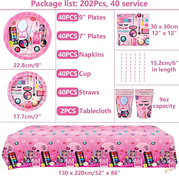 Spa Party Supplies - Makeup Theme Party Tableware - Dinner Plates Desserts Plates Cups Napkins Spa Makeup Tablecover Straws for Girls Women Slumber Pamper Spa Birthday Party Decoration, Serves 40 (40)