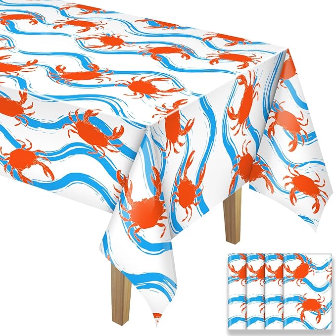 Juexica 4 Pcs 54 x 108 Inch Crab Boil Party Table Cloth Summer Seafood Party Supplies Plastic Crab Tablecover Decorations Rectangular for Sea Animals Dining Kitchen Centerpiece (Blue Waves Style)