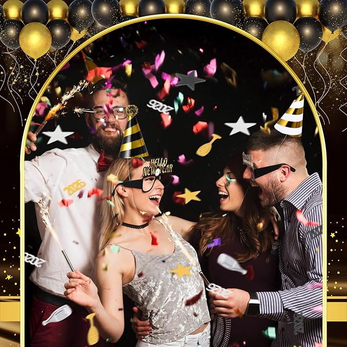 Junkin 124 Pcs New Years Eve Party Supplies 2026 Kit for 18 Guests Include Hats Glasses Blowouts Trumpet Balloons Banners Fringe Curtain Ambient Lights New Years Decorations Party Favors