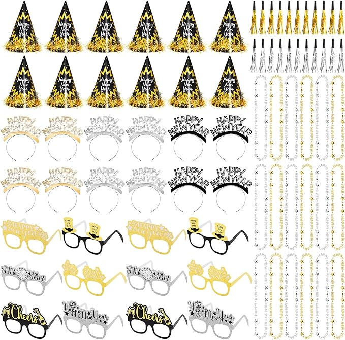 60 Pcs 2026 New Years Eve Party Supply Decor Kit Happy Headband Bulk Glass Cone Hat Necklace Blowout for New Years Favor