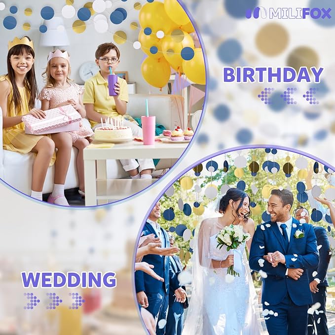 52FT Party Garlands, Paper Garland Circle Dots, Hanging Circle Banner Decorations for Birthday, Party, Wedding, Baby Shower, Graduations, Christmas, Wall Decor (Gold White Blue Garlands)