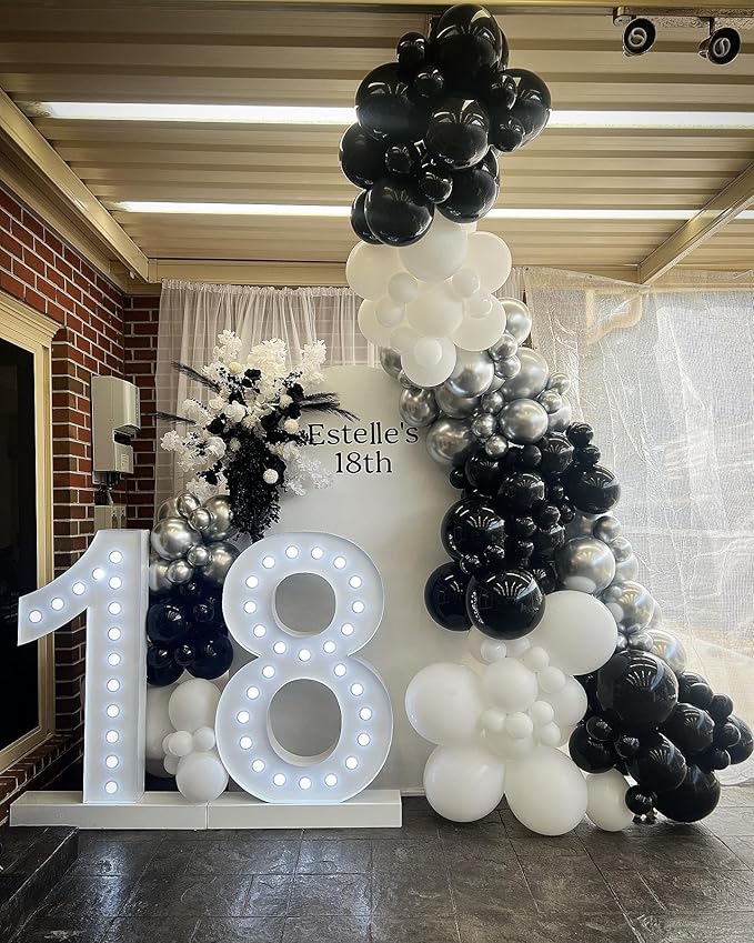 Black and Silver Balloons, 100Pcs 12inch Black White Metallic Chrome Silver Confetti Balloons with 1 Ribbon for Birthday, Baby Shower, Wedding, Graduation Theme Party Decoration