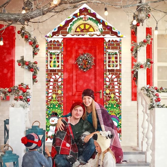 3 Pcs Merry Christmas Door Banners House Door Cover Party Decoration Candy Snowman Xmas Tree Hanging Vertical Indoor Outdoor Christmas Signs for Porch Home Window Office Yard Garage Wall
