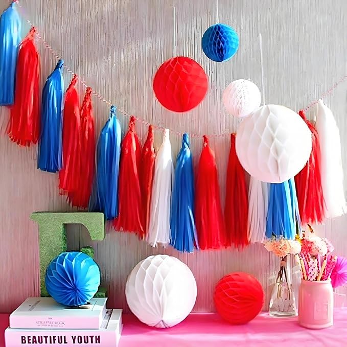 Red White & Blue Paper Tassels Garland Banner - Patriotic Tassel Decor for Birthday, Baby Shower, Family Party, Graduation, Engagement (30-Pack)