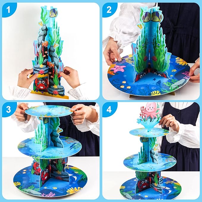 Under The Sea 3 Tier Ocean Cupcake Stand - First Birthday Decorations for Boy - Shark & Mermaid Party Supplies