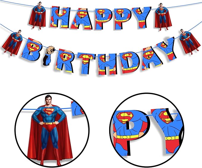 Suprmn Happy Birthday Banner – Superhero Themed Birthday Party Decoration – Durable, Reusable, and Easy to Hang Banner for Birthday Parties – Perfect Party Supplies for Boys and Girls Celebration