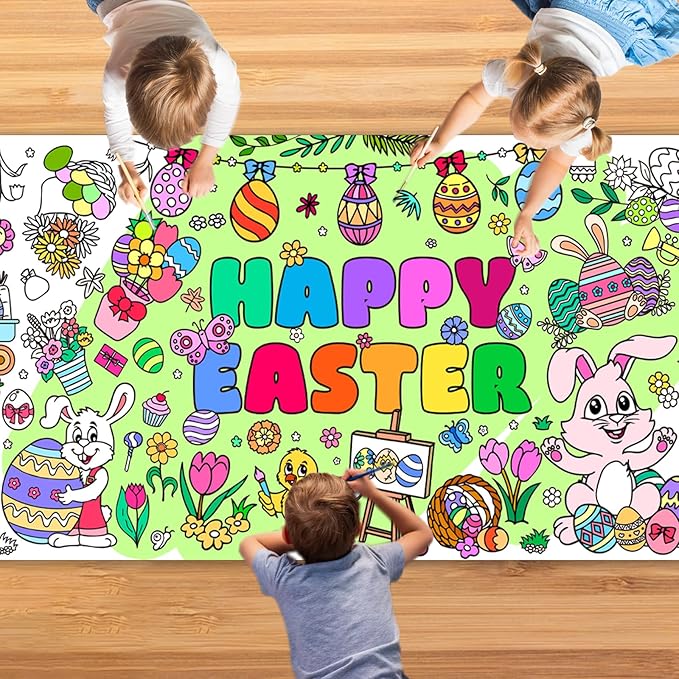 Easter Giant Coloring Poster for Kids,30x72 Inch Happy Easter Crafts Drawing Paper Coloring Tablecloth DIY Art Crafts for Kids Party Egg Bunny Themed Activity Home Classroom Party Suppiles
