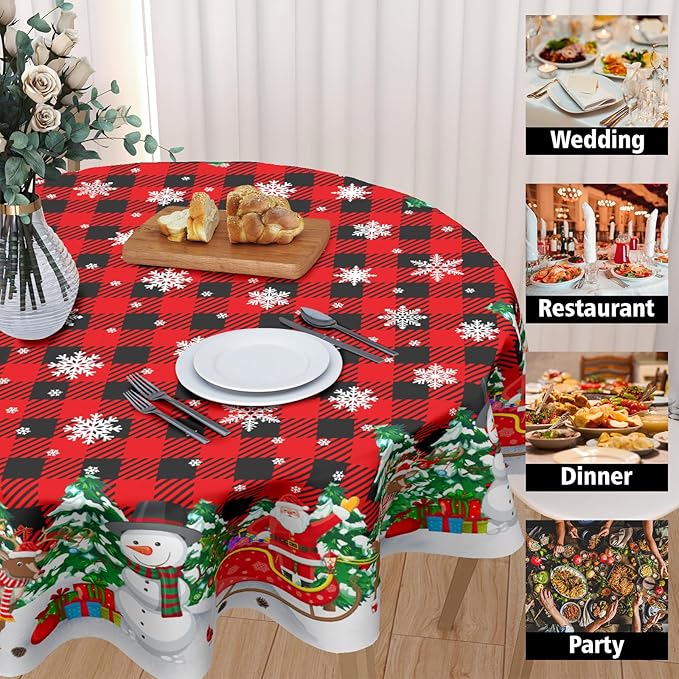 Christmas Round Tablecloth 70 Inch Xmas Snowman and Snowflake Pattern Circle Table Cloth Red Plaid Table Cover Winter Washable Polyester Decor for Home Kitchen Dinning Party
