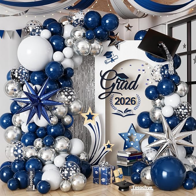 152 pcs Blue White Silver Balloon Garland Arch Kit,Navy Blue Silver Confetti Balloons with Exploding Star Balloons for Graduation Class of 2026 Birthday Wedding Retirement Party Decorations